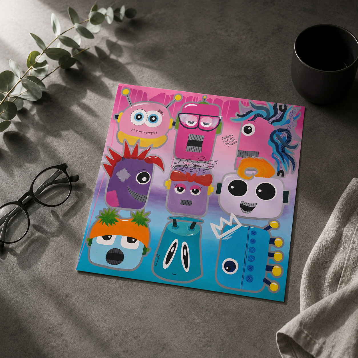 barevní roboti - autorský print