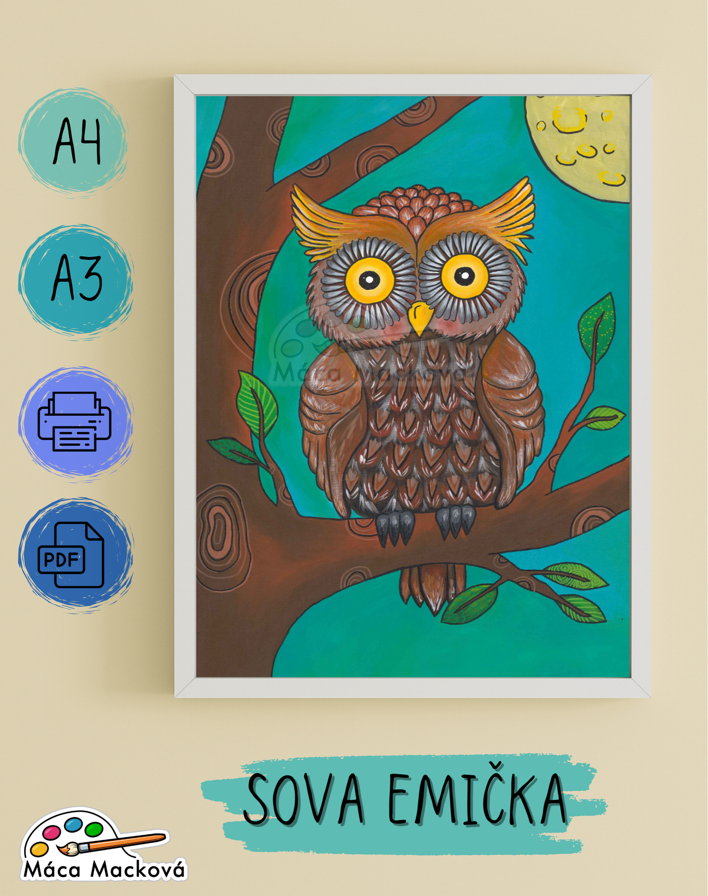 "Sova Emička" - dětský plakát PDF k tisku A4, A3