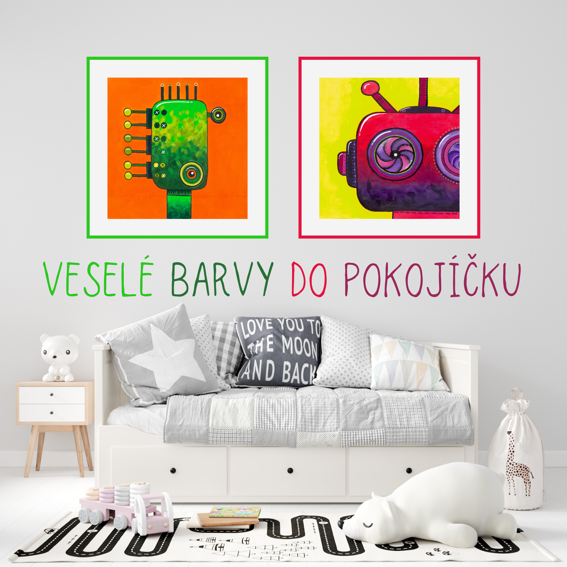 barevní roboti - originální PDF obrázky do pokojíčku