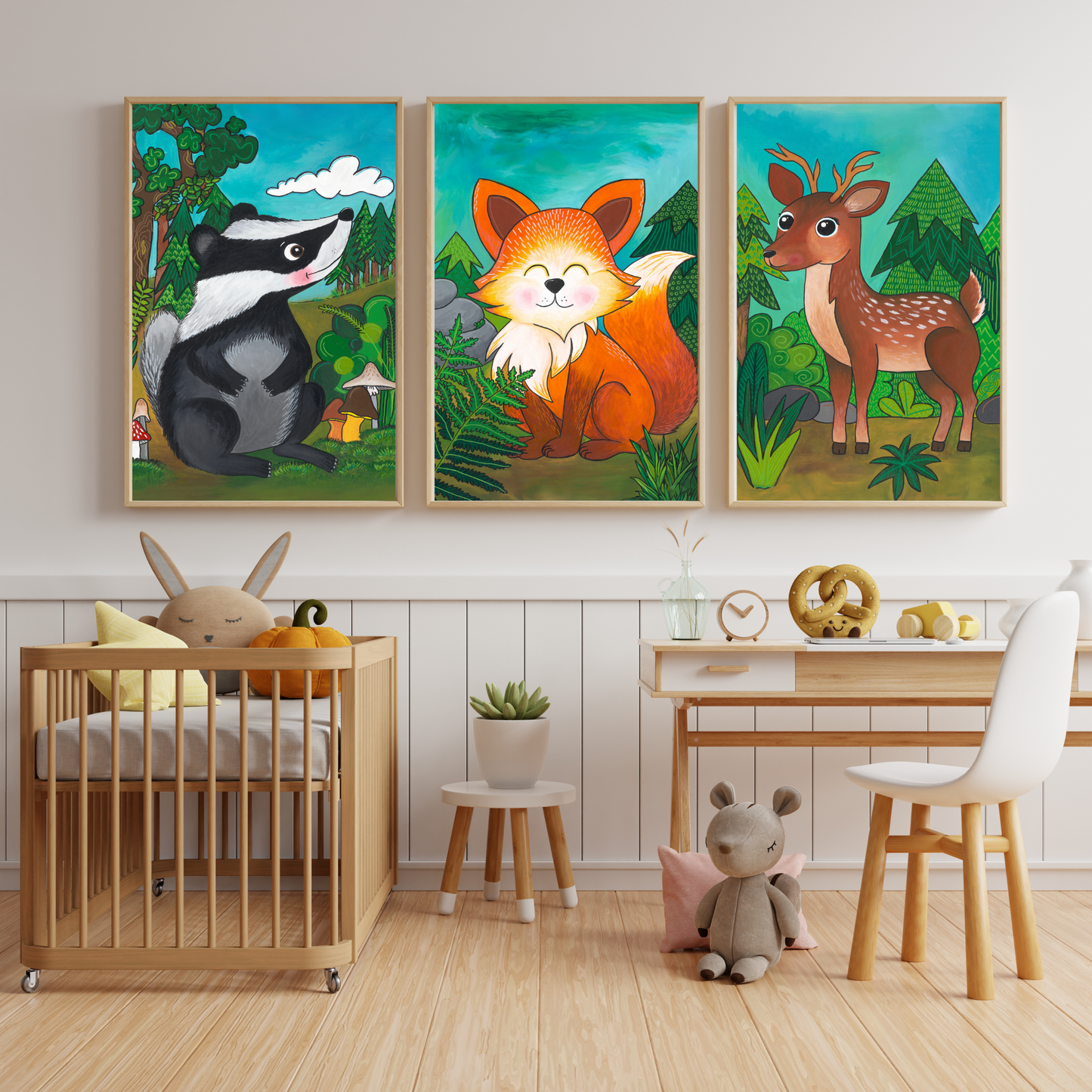 ilustrace s lesními zvířátky na stěnu do pokojíčku v PDF