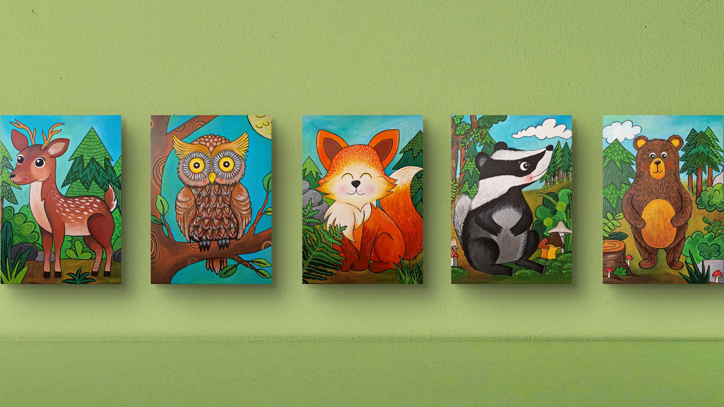 série plakátů lesních zvířátek do dětského pokoje