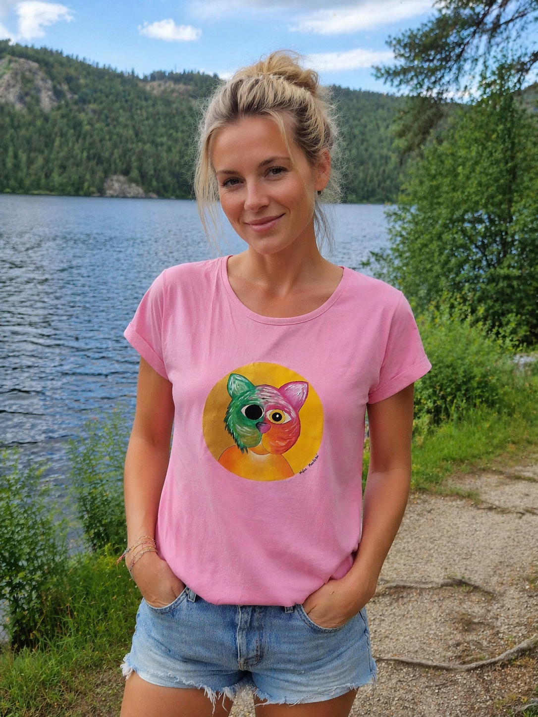 Růžové tričko "Rozpolcený kocour" - ručně malované - vel. M